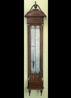 Hollandse bakbarometer, thermometer, controleur door 'F. Bazerga te Rotterdam', tinnen schaalplaten. ca 1780