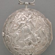 Antiek zilveren spilleganghorloge uit 1754 voor de Hollandse markt in 3 kasten met chatelaine.