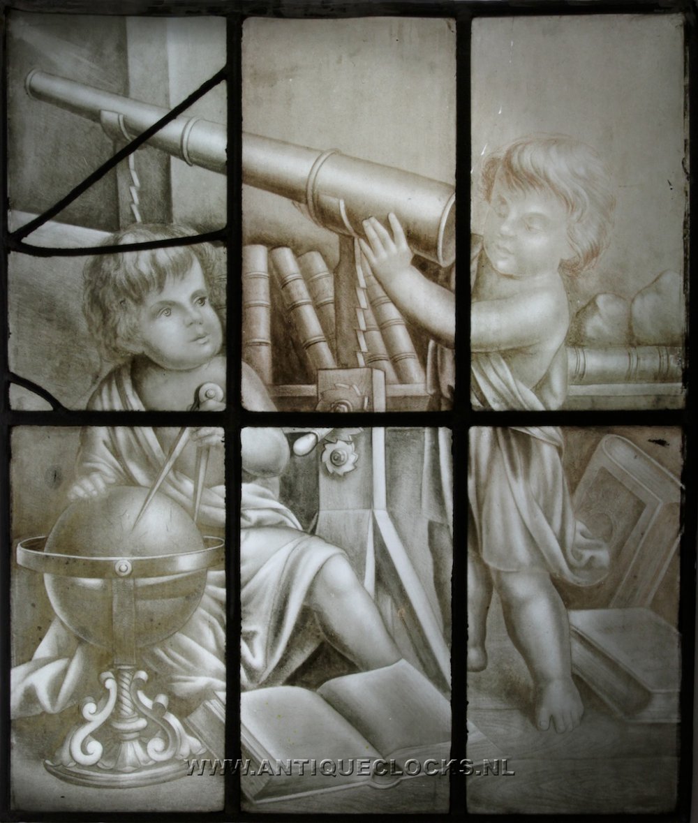 17e-18e eeuws sepia gebrandschilderd glas-in-lood raam met astronomische putti voorstelling. (Allegorie op de astronomie)