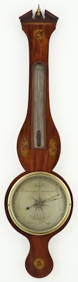 Engelse banjo- of wiel-barometer.  'Chas: Pitsalla, No 79 High, Holborn'.